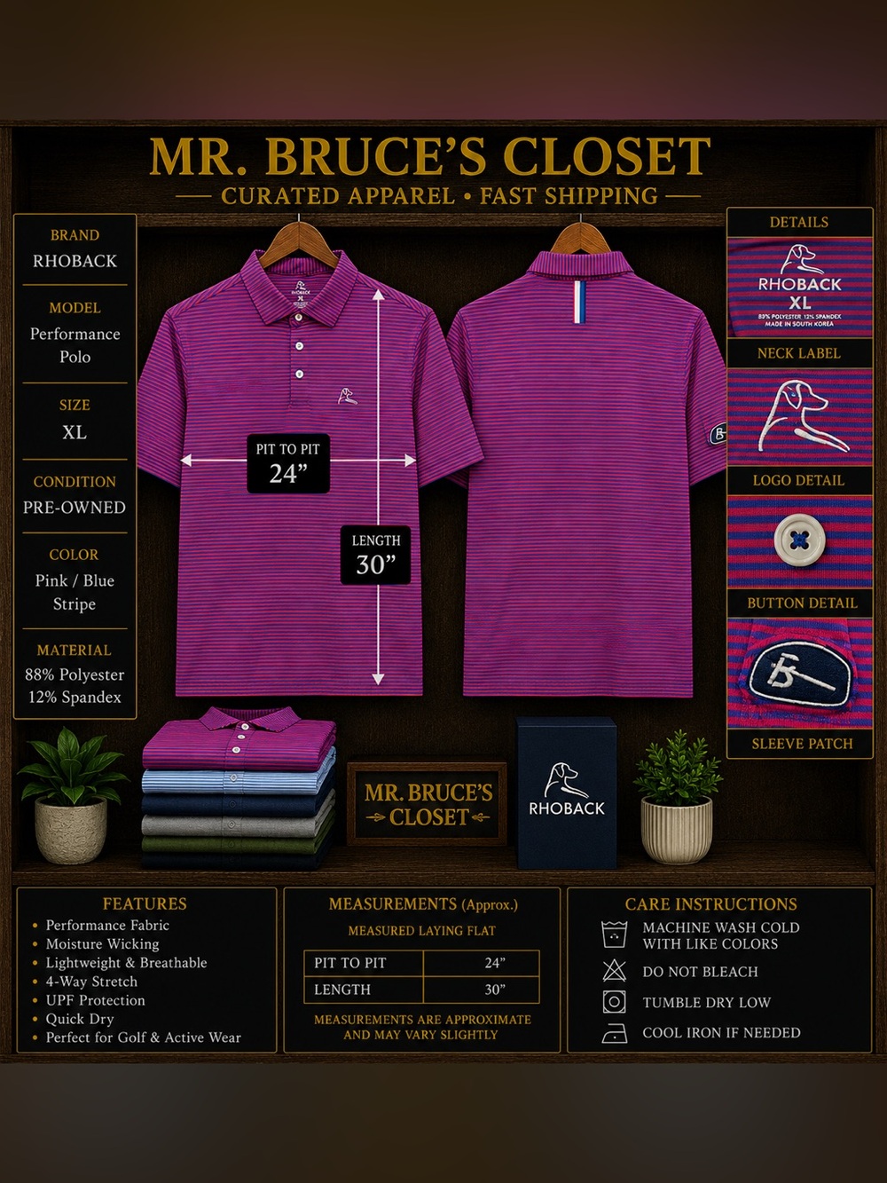 Rhoback Pink and Blue Stripe Performance Polo